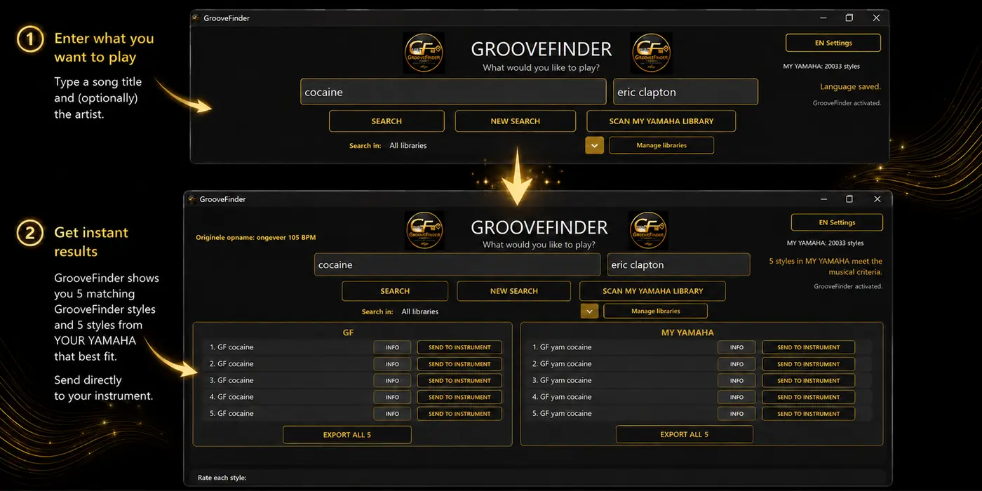 GrooveFinder and My Yamaha results shown side by side