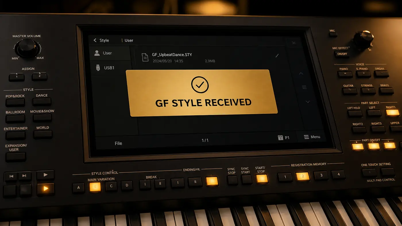 A style sent from GrooveFinder to a Yamaha keyboard